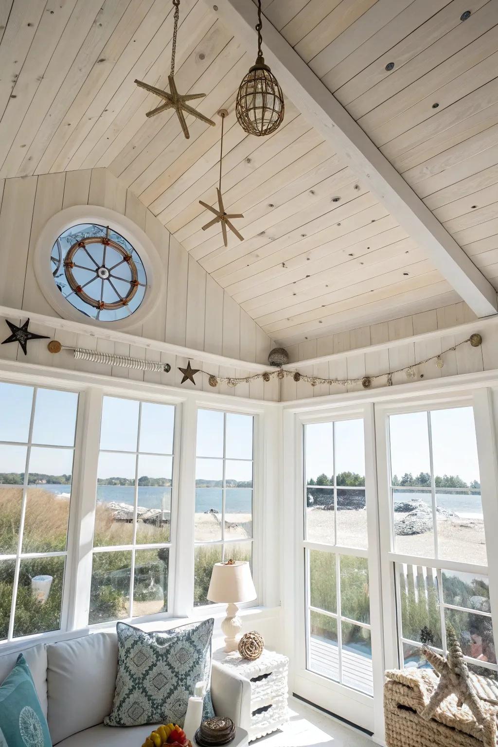 A bright room with a pale wooden ceiling, ideal for a coastal vibe.