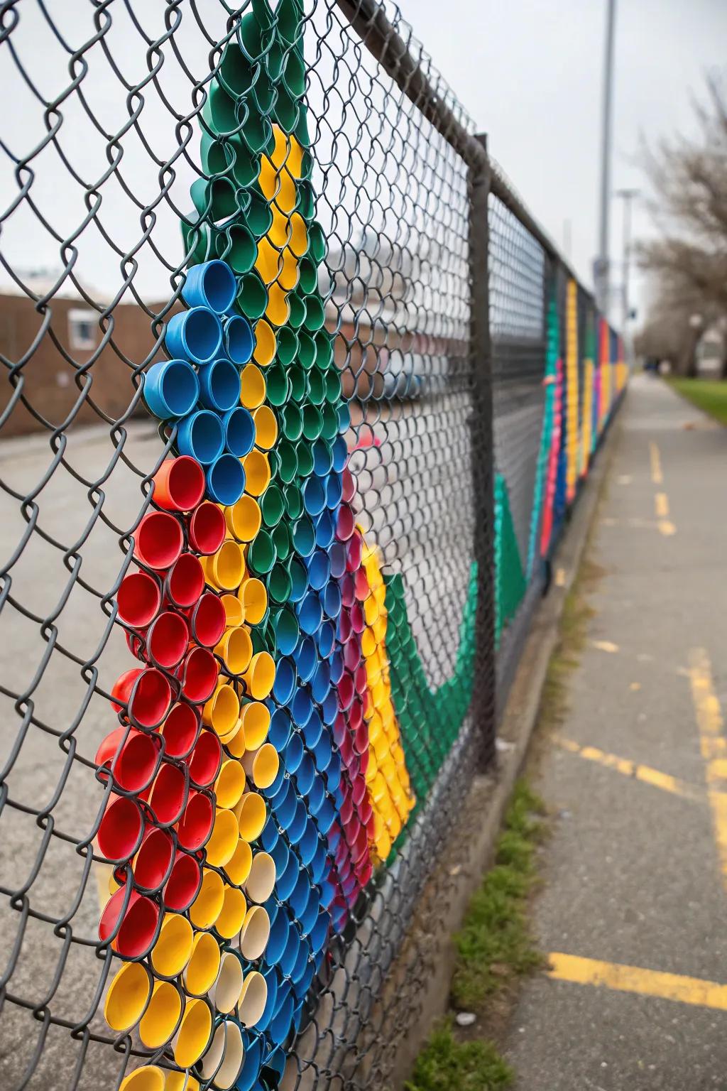 Plastic cup art adds a vibrant splash of color to your fence.
