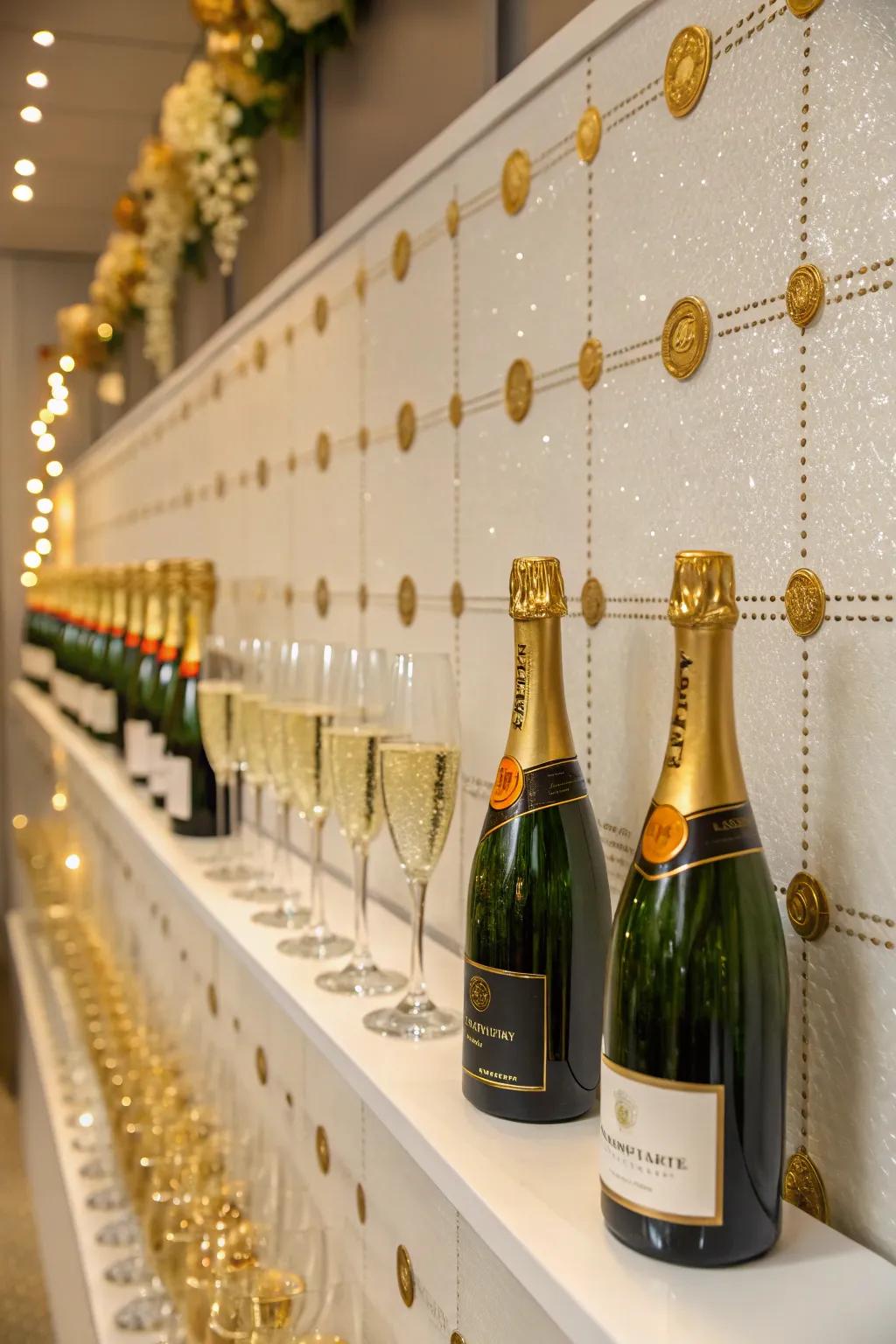 Glamorous gold accents on a sparkling wine showcase.