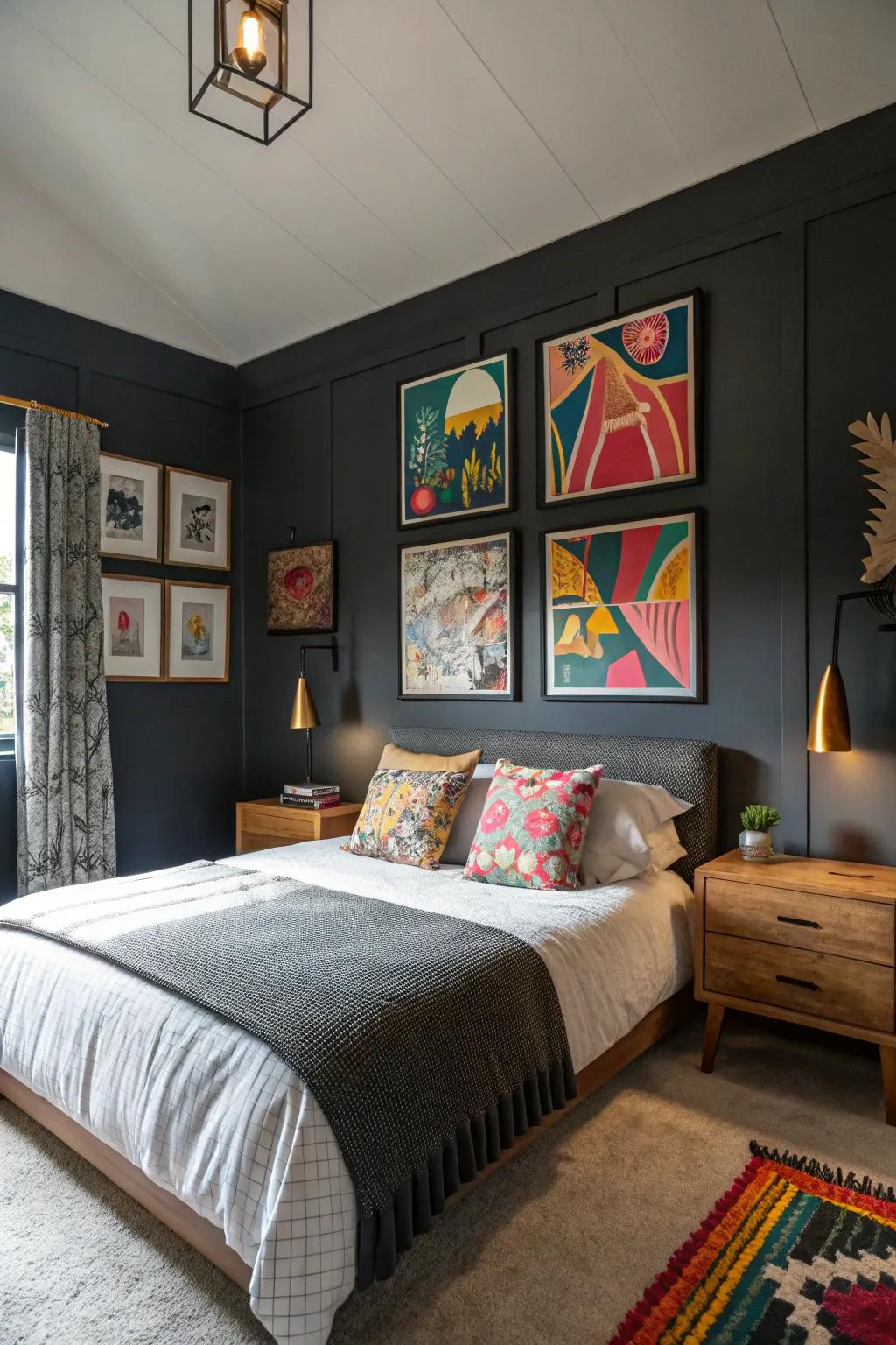 Bold artwork brings color and personality to deep gray walls.