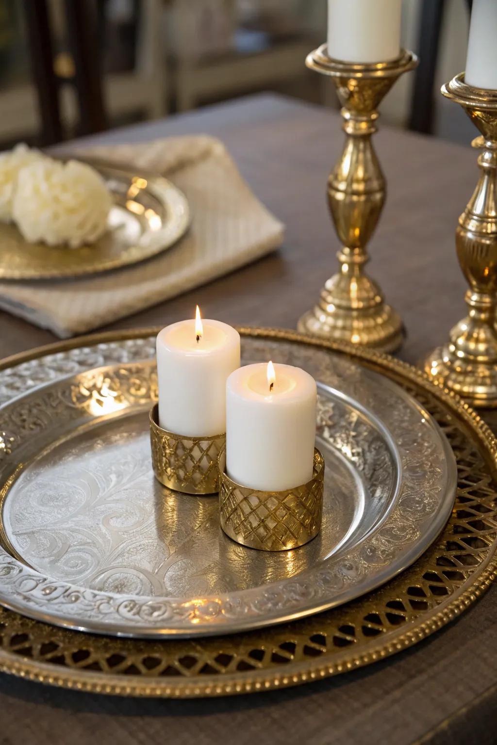 Enhance your table using a glamorous metallic centerpiece.