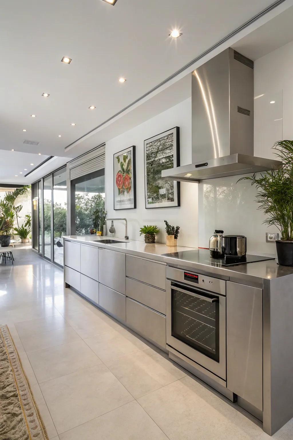 A modern kitchen features sleek stainless steel countertops.