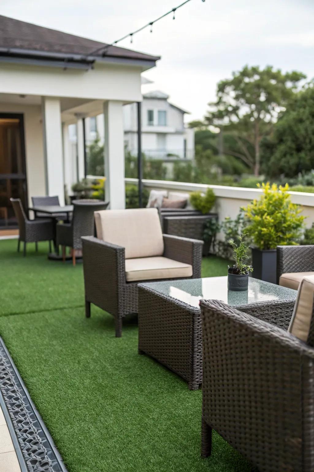 Lush, low-maintenance patio thanks to artificial turf.