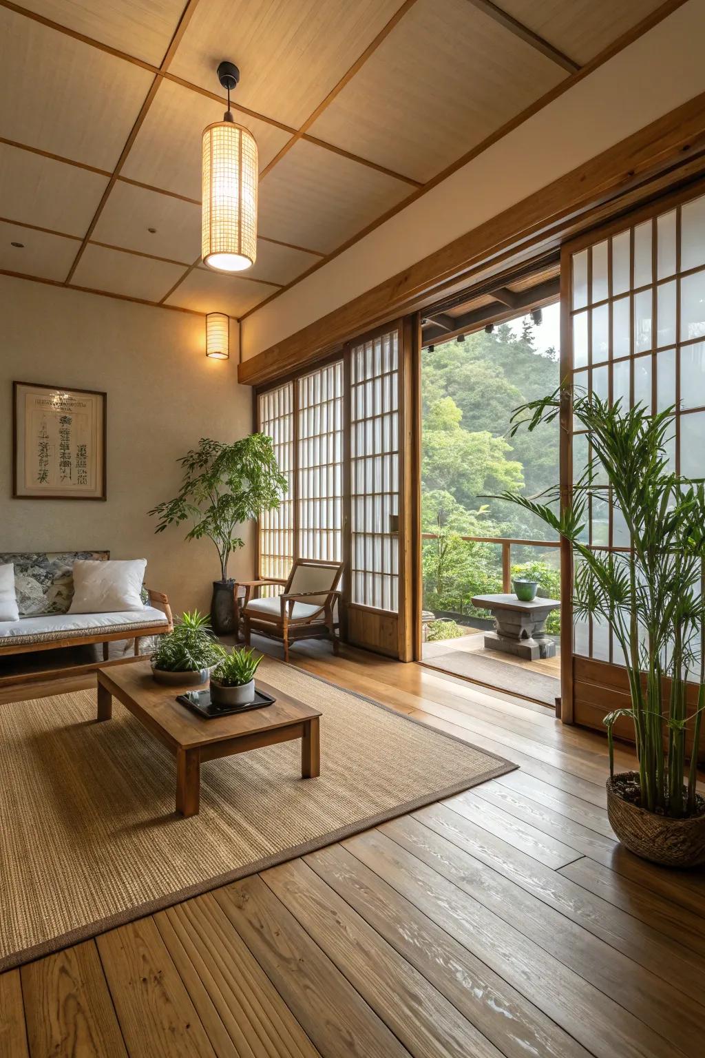 Reed flooring provides eco-friendly sophistication.