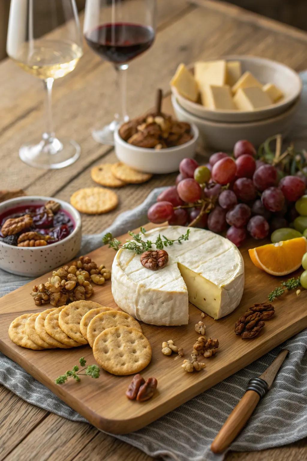 Cheese board with an impressive cheese centerpiece.