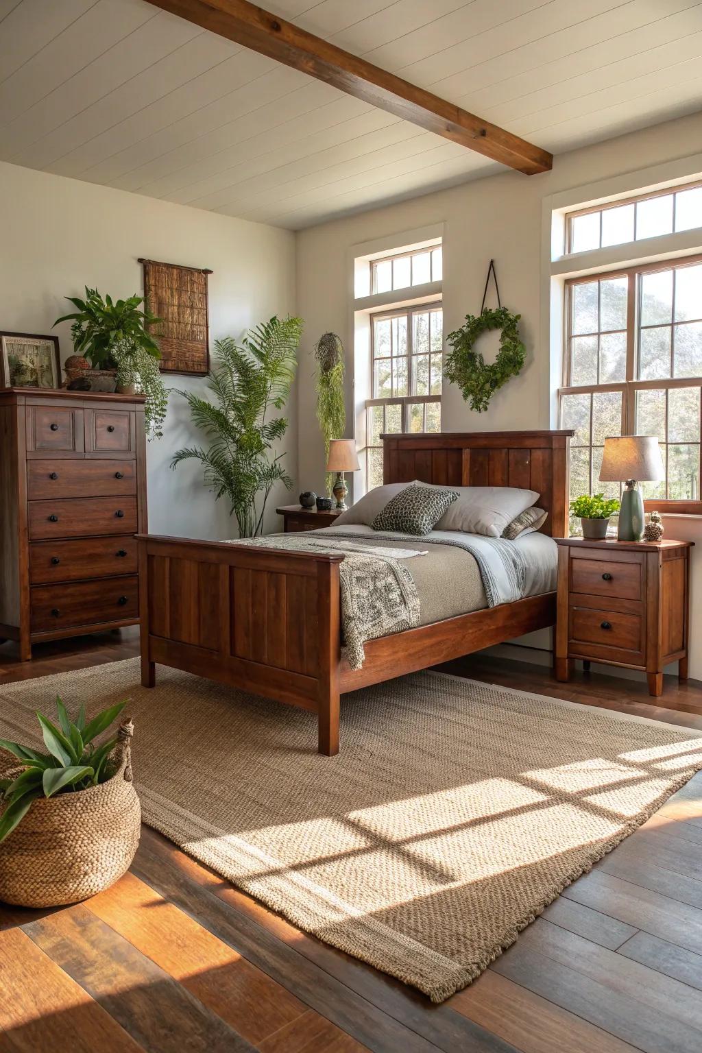 Organic elements contributing warmth to a cherry wood bedroom.