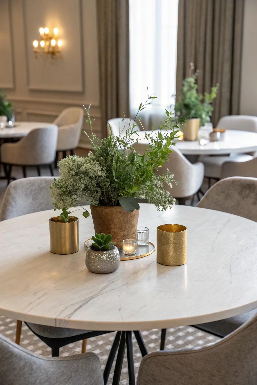 Minimalist elegance showcasing subtle greenery and metallics.