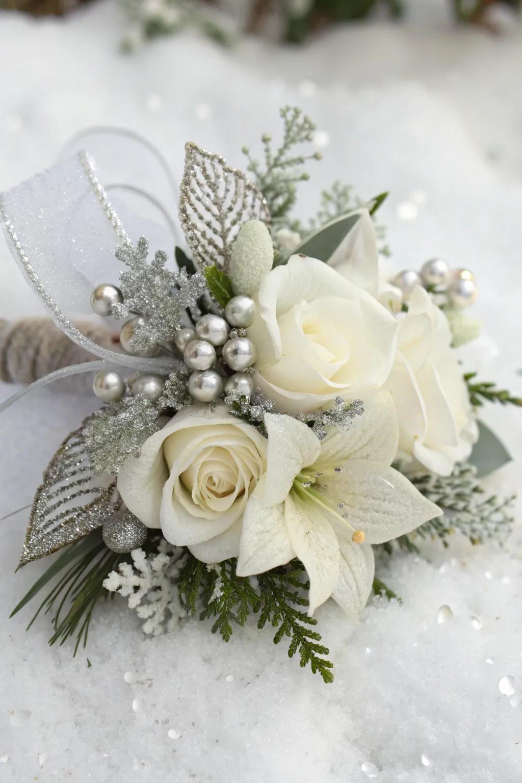 A serene Christmas corsage with ivory and silver elements.