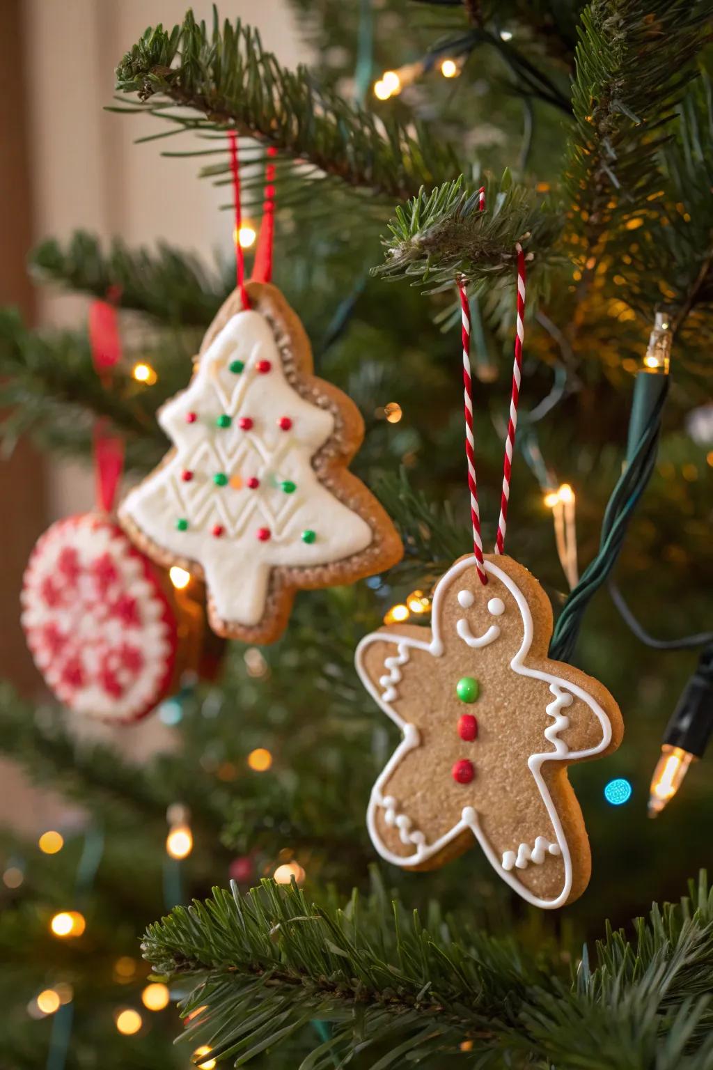 Gingerbread and sugar cookie ornaments displayed on a tree.