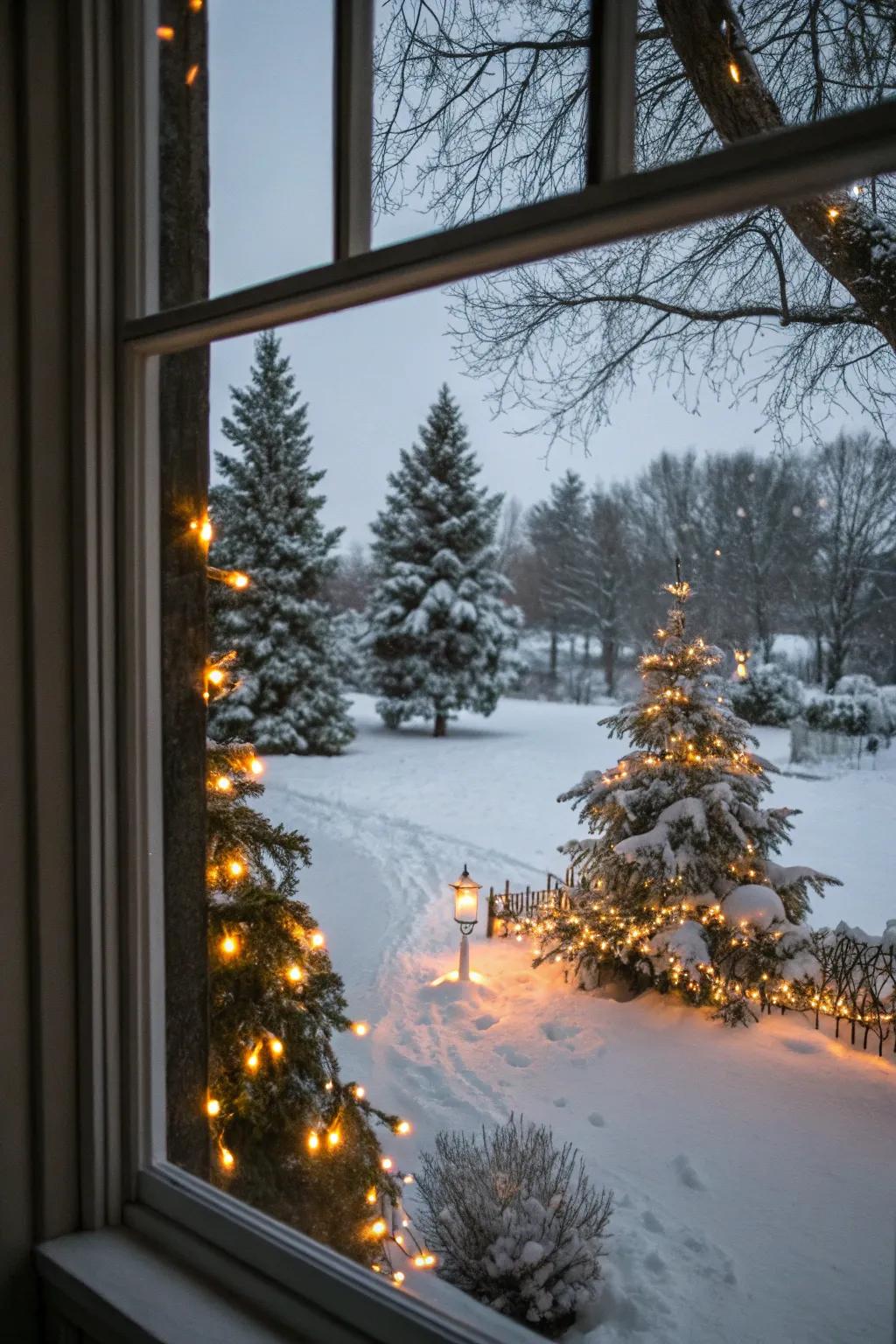 A peaceful, snow-covered landscape illuminated by the gentle glow of Christmas lights.