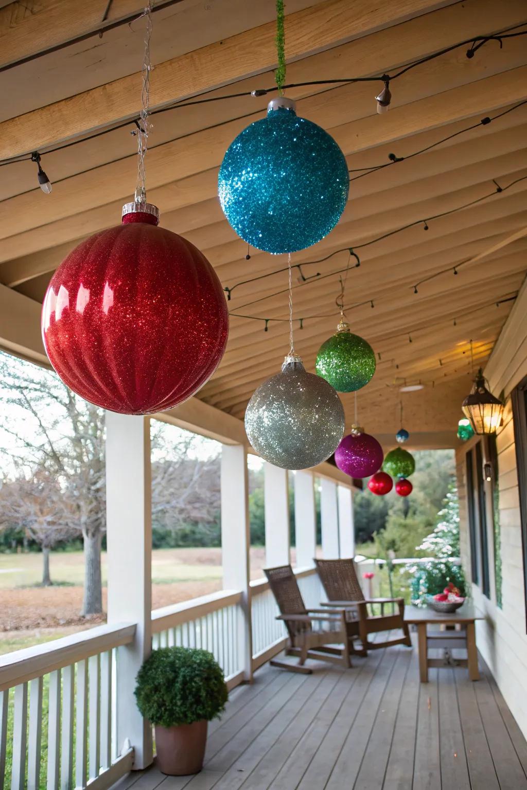 Enormous ornaments bring a dramatic flair to the porch decor.