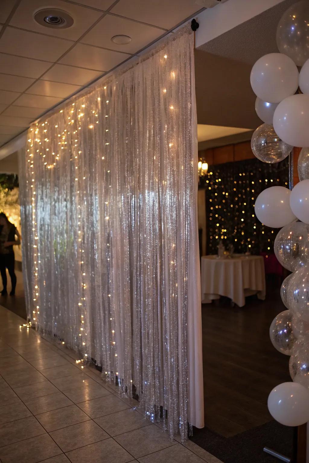 A stunning sparkle strand drape sets the stage for celebratory gatherings.