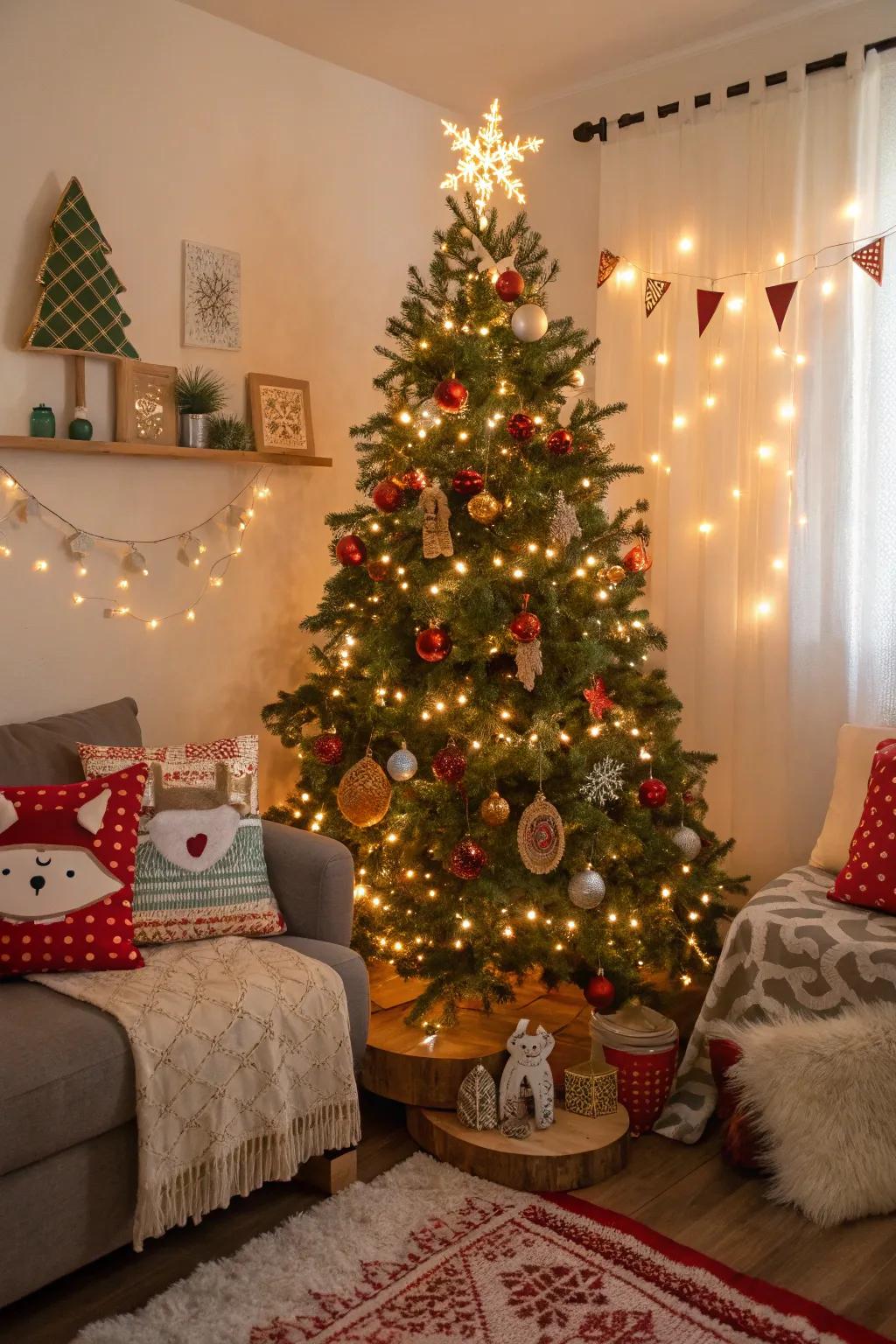 A playful Christmas tree showcasing whimsical timberland decorations and vibrant lights, contributing appeal to the holidays.