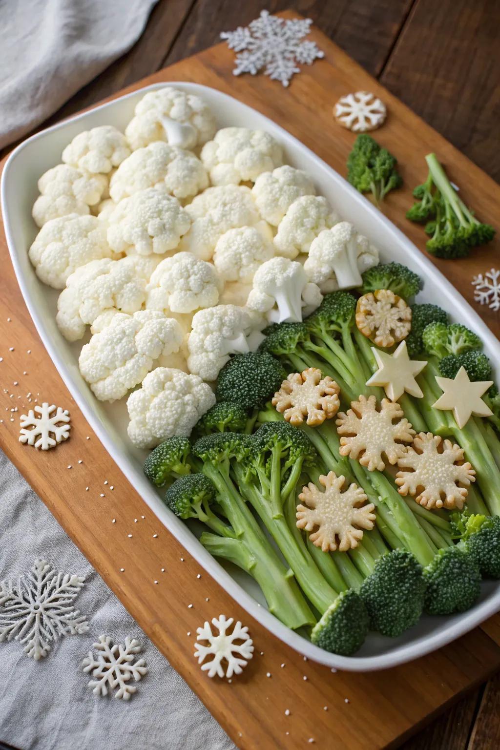 A snowy day veggie scene that's perfect for snowy evenings.