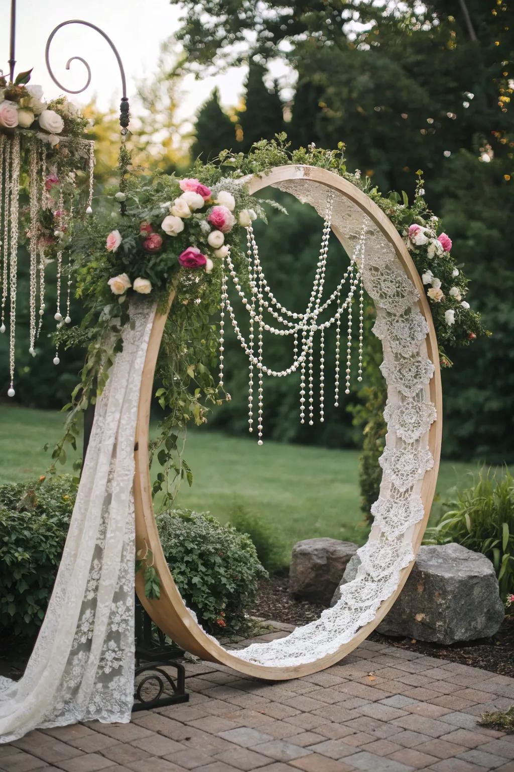 A vintage circle arch showcasing elegant lace and pearls.