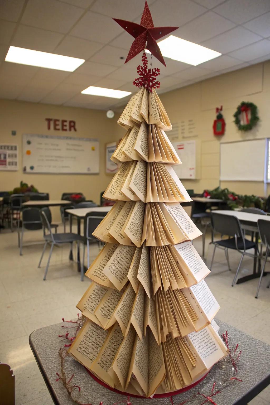 A literary-inspired Christmas tree crafted from book pages