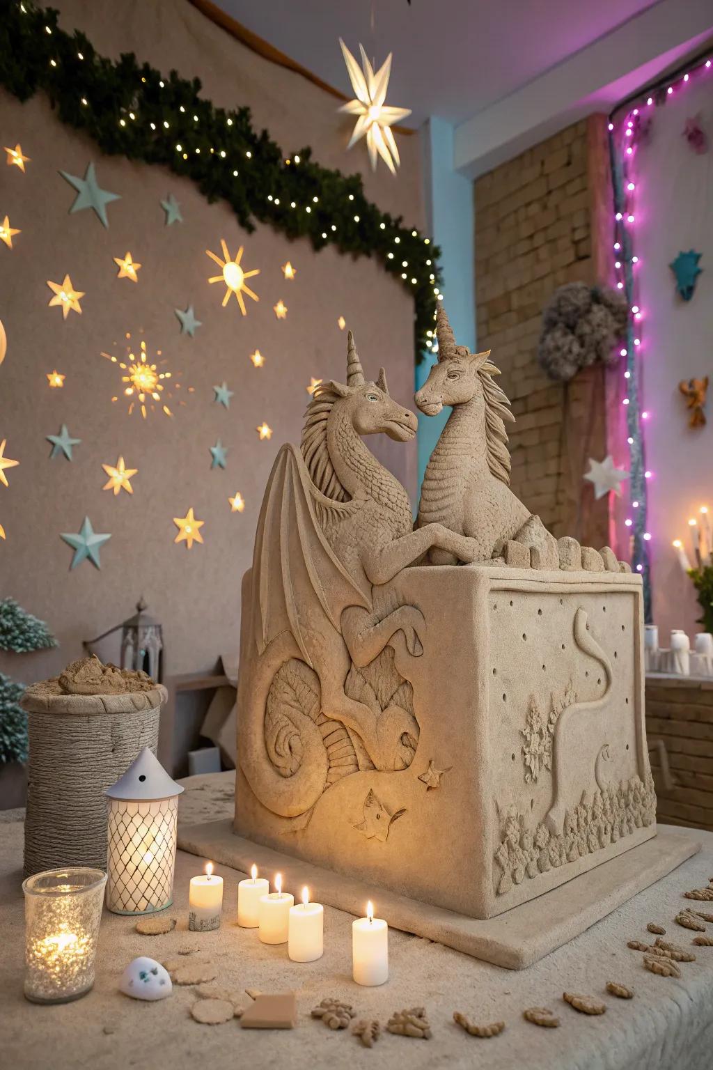 Mythical creature clay relief sculpture, adding magic and whimsy to your decor.