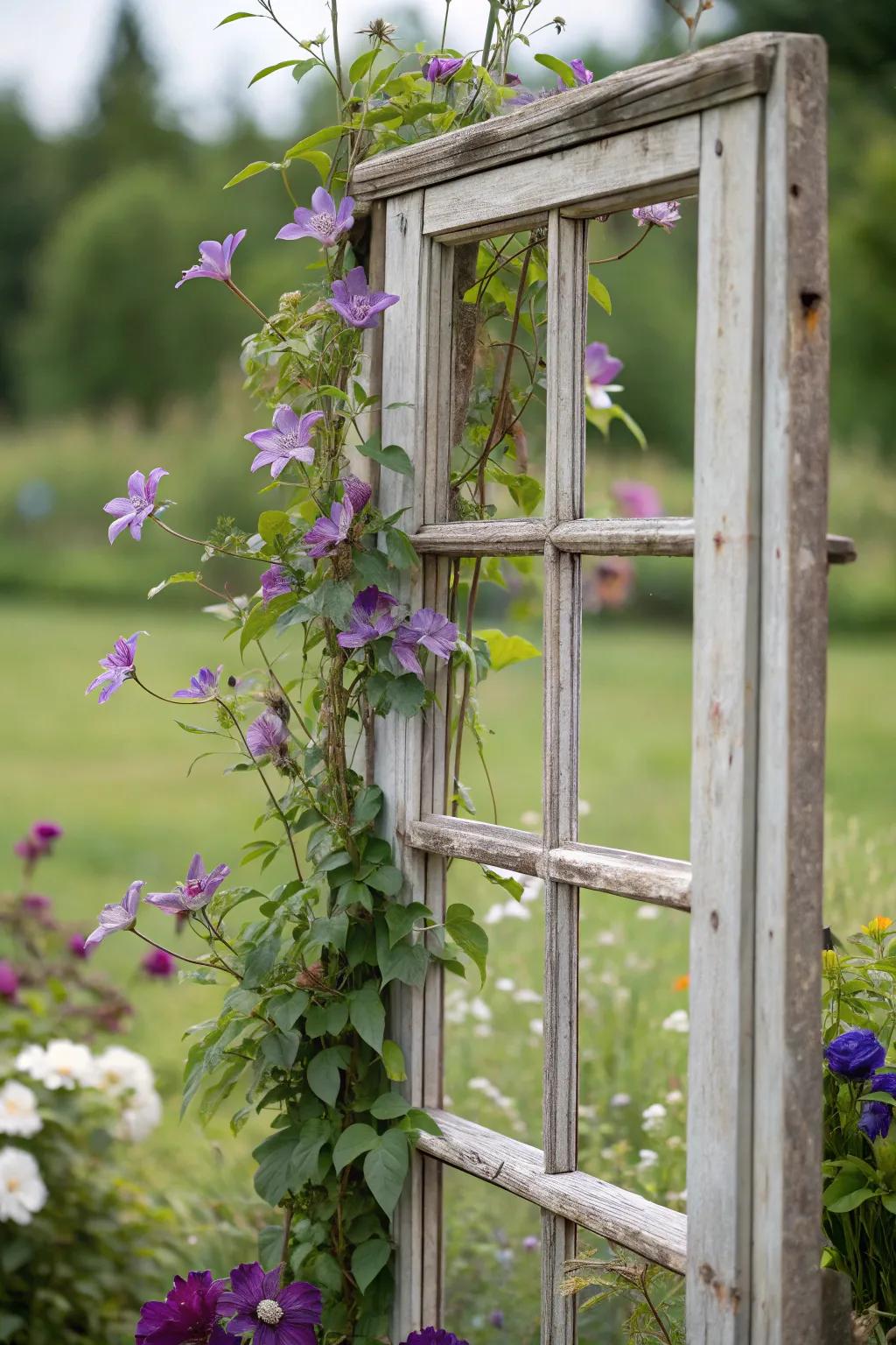 Clematis presents beautifully against a vintage recycled window frame.