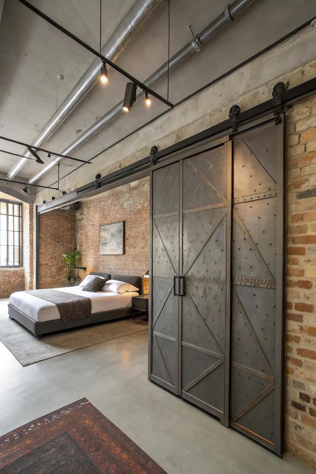 Industrial metal doors impart an urban and sophisticated sensibility.
