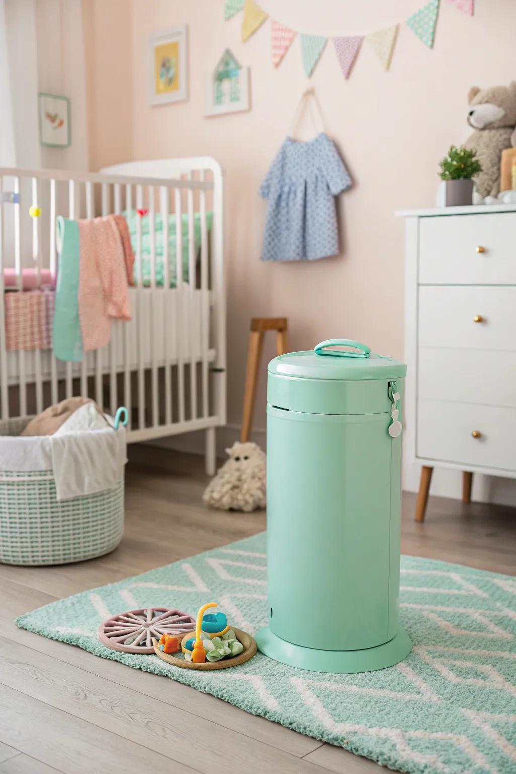 A colorful diaper pail adds a playful touch to the nursery while serving a practical purpose.