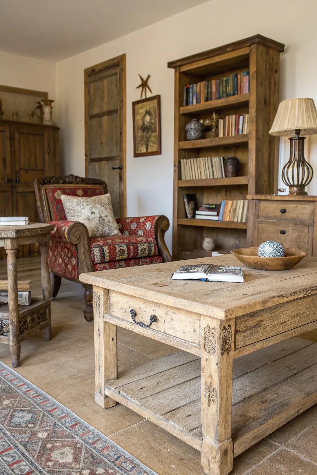 Aged finishes add personality and charm to seaside farmhouse interiors.