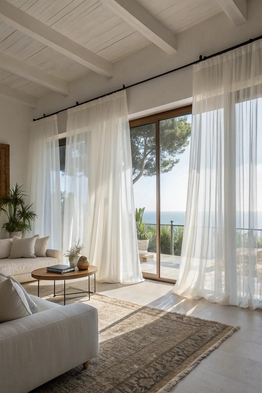 Sheer curtains create a breezy, coastal feel.