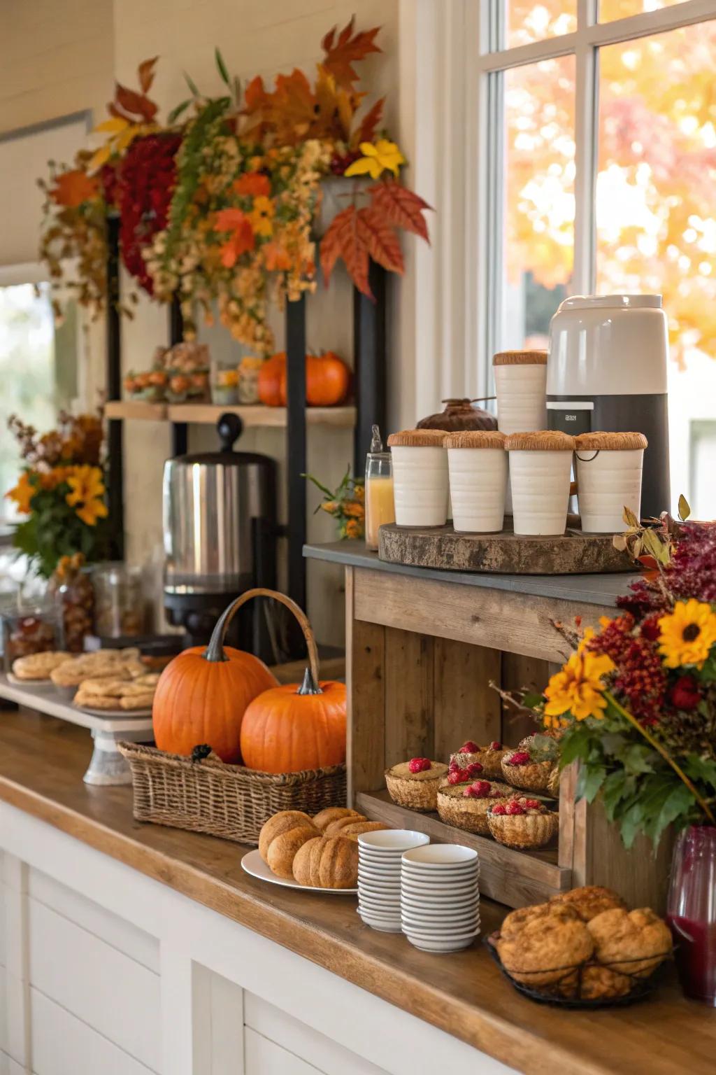 Seasonal decor keeps your coffee and tea station vibrant and current.