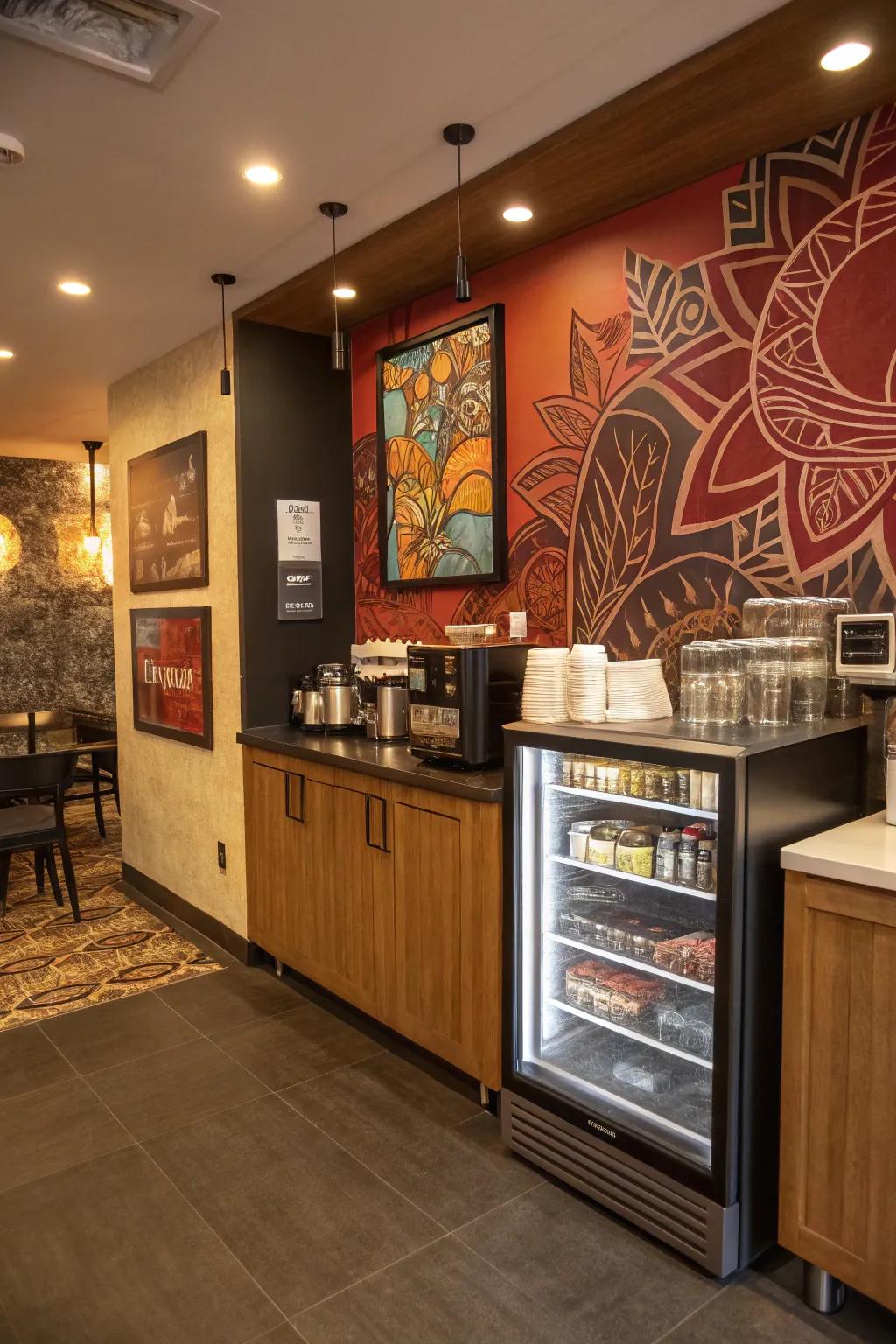 This eye-catching coffee bar is enhanced by artistic flair.