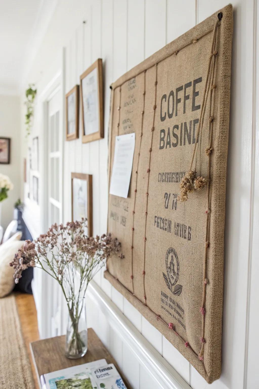 Transform your workspace with a rustic touch&mdash;make mundane notes feel special with a coffee sack bulletin board!