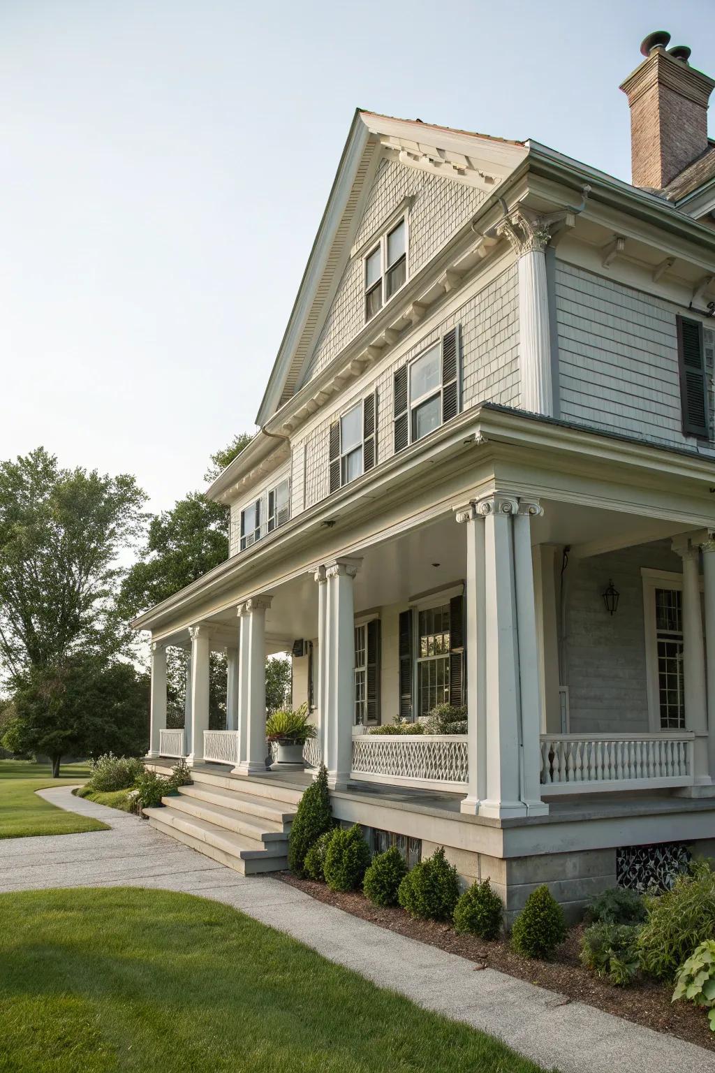 A colonial house with a soft gray frontage, accentuating its stucco-clad features.