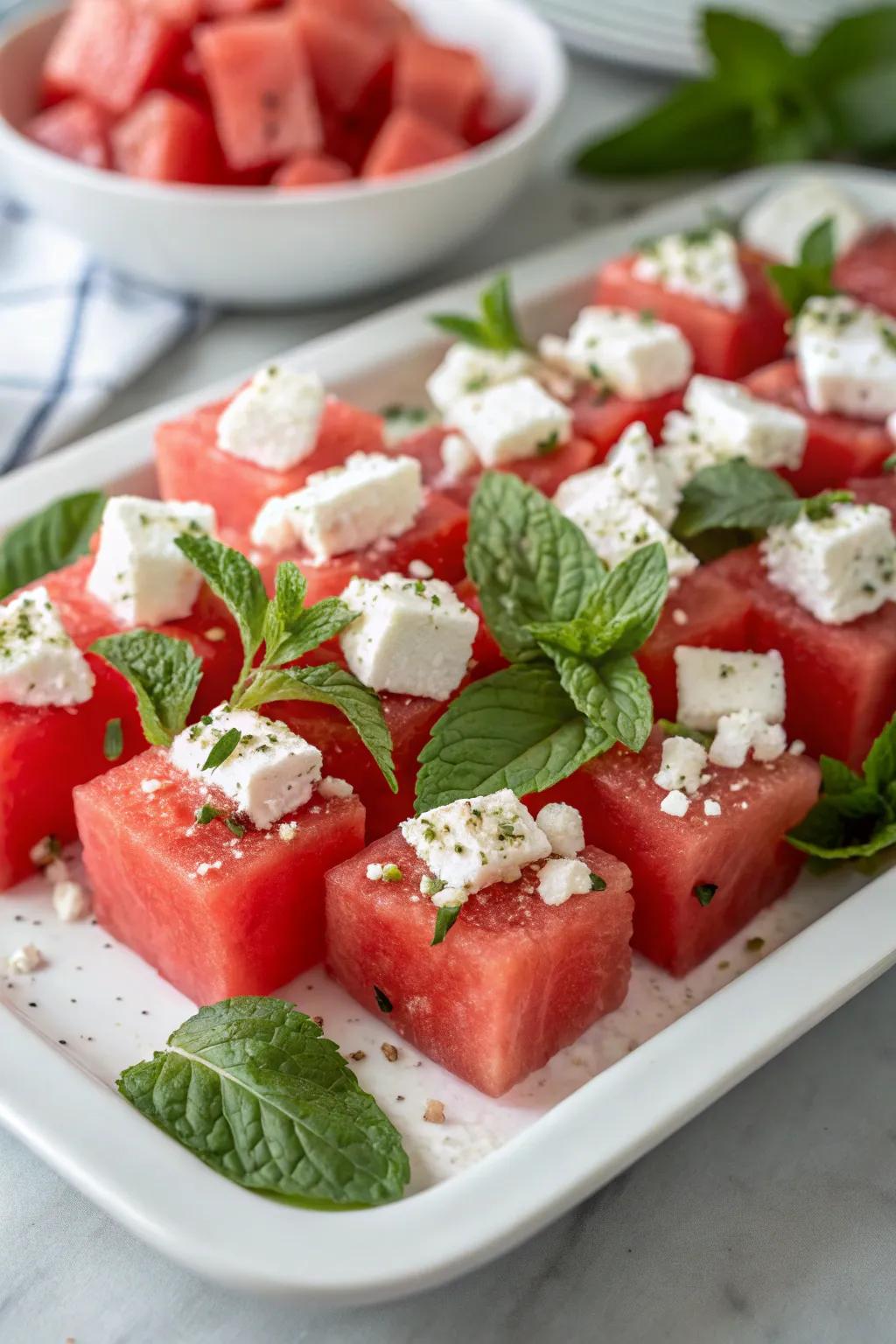 Refreshing melon white cheese bites perfect for warm weather gatherings.