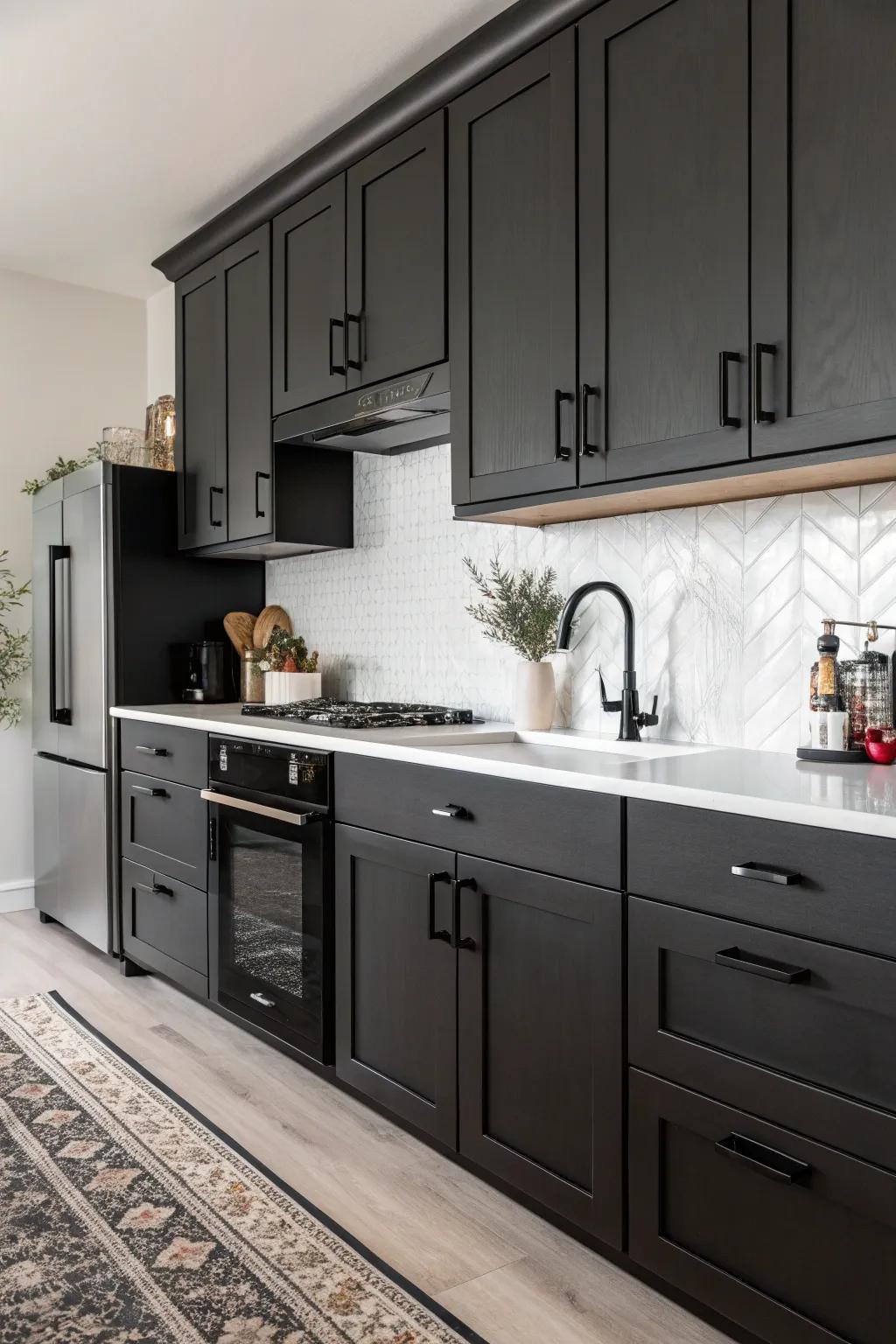 Dark cabinets styled with black hardware for a sleek and modern kitchen aesthetic.