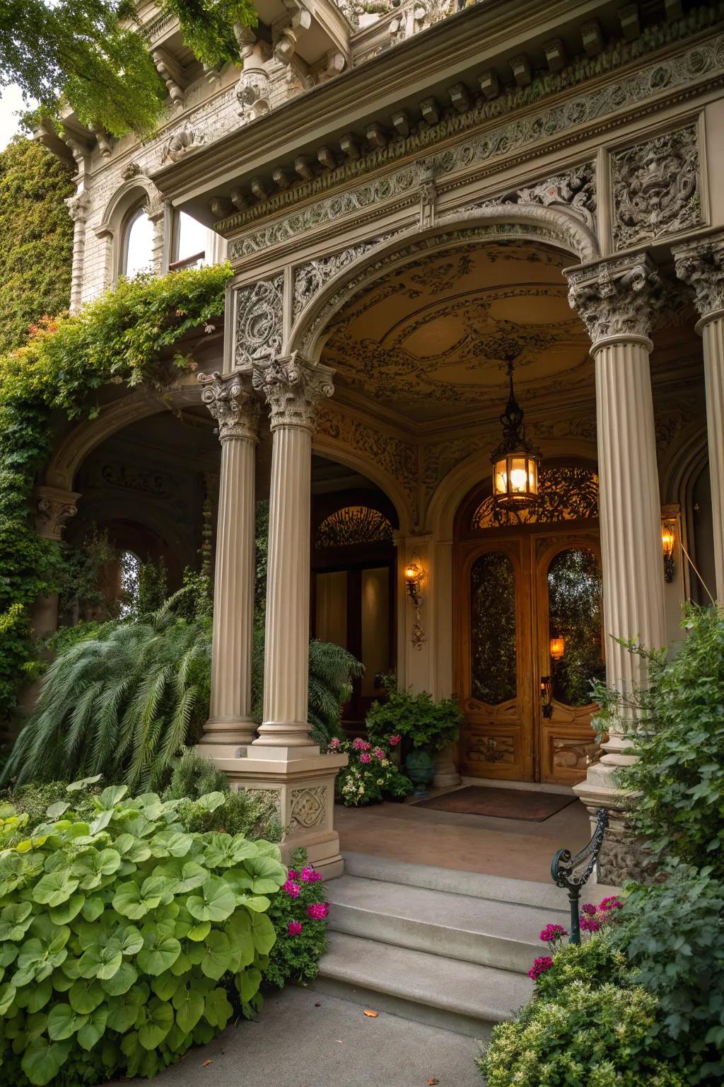 Intricately detailed Regal columns adding grandeur to a home's entrance.