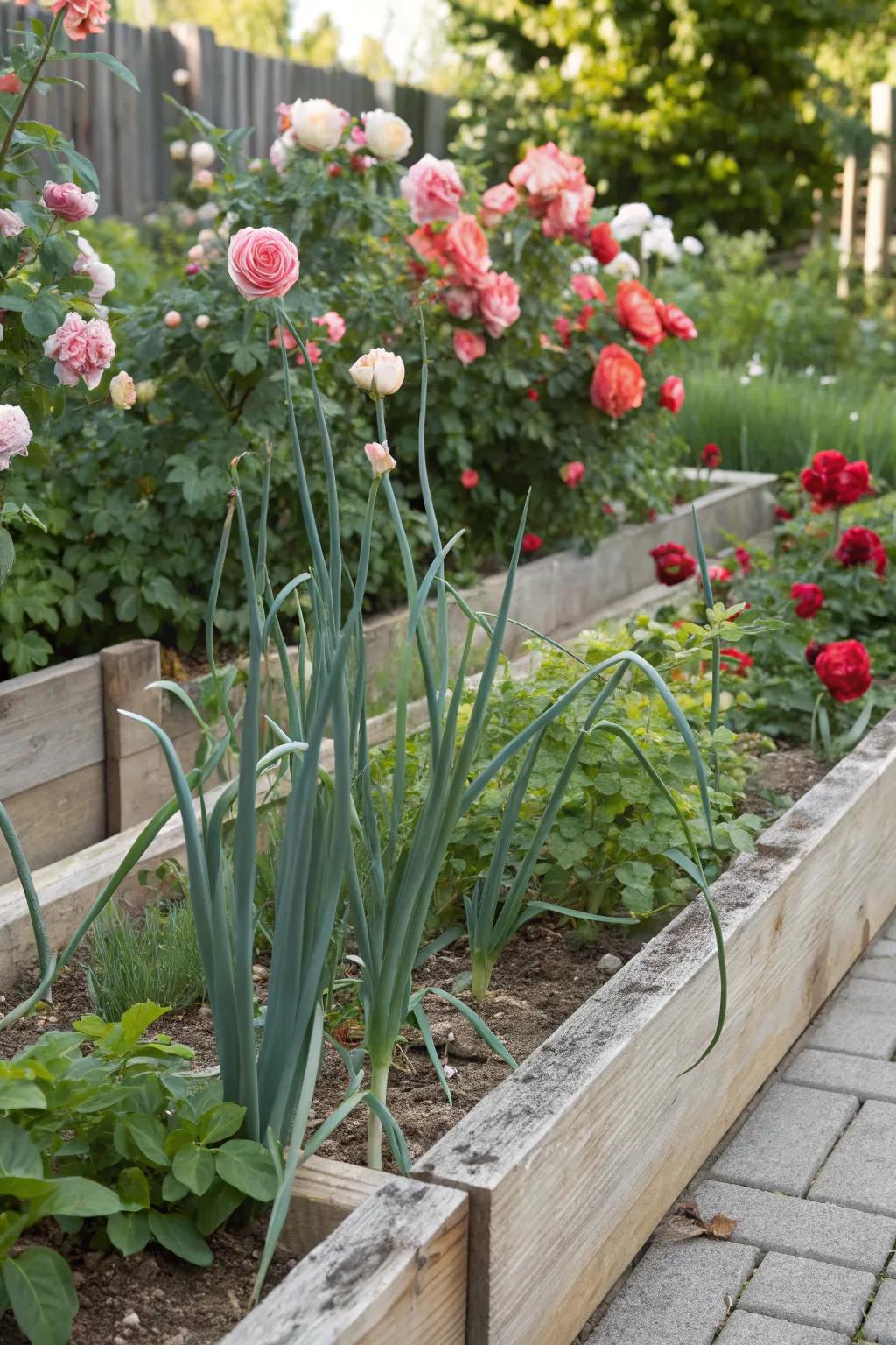 Scallions and roses, a surprisingly effective garden pairing.