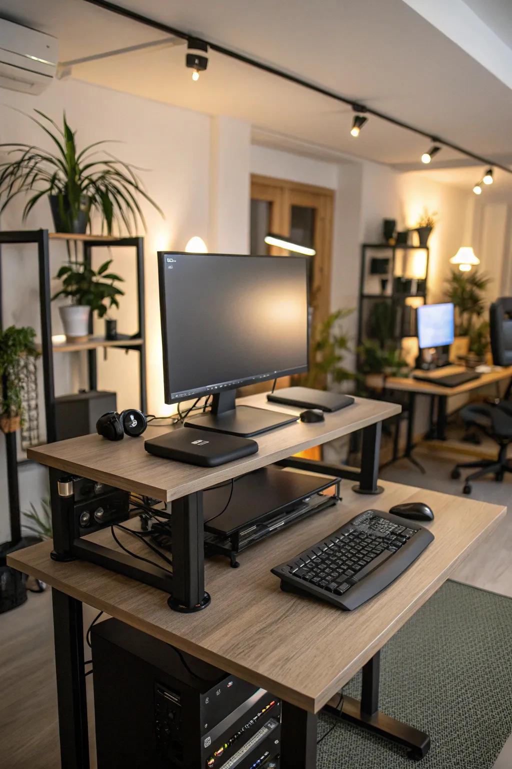A dynamic computer room showcasing a versatile standing desk.