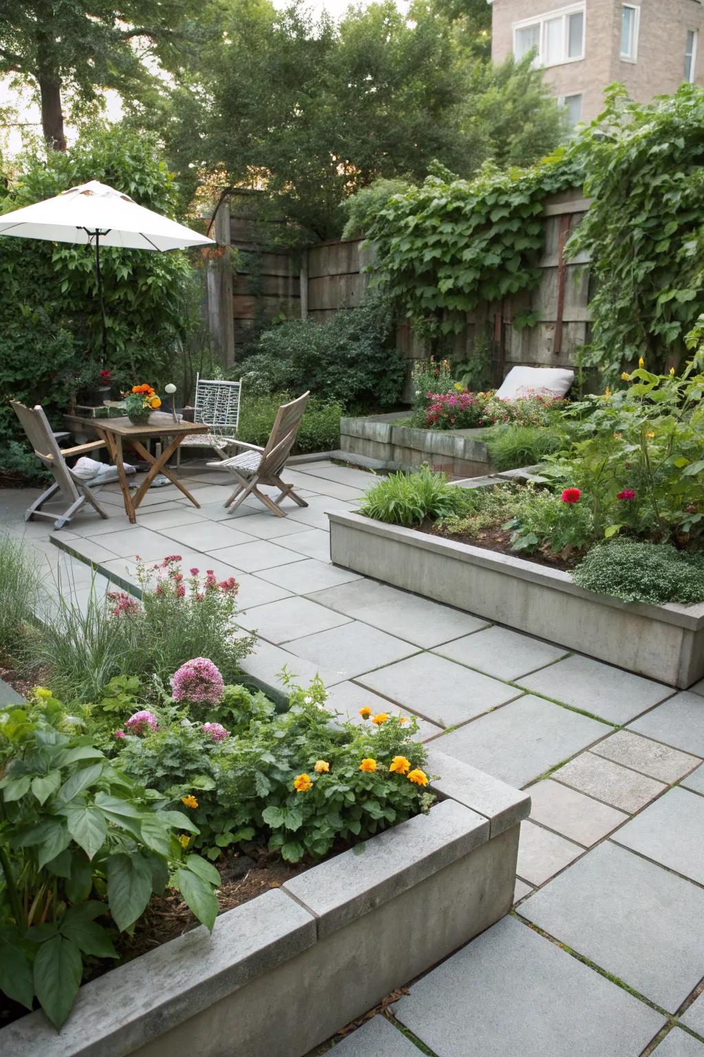 Integrate garden spaces for a lush patio atmosphere.