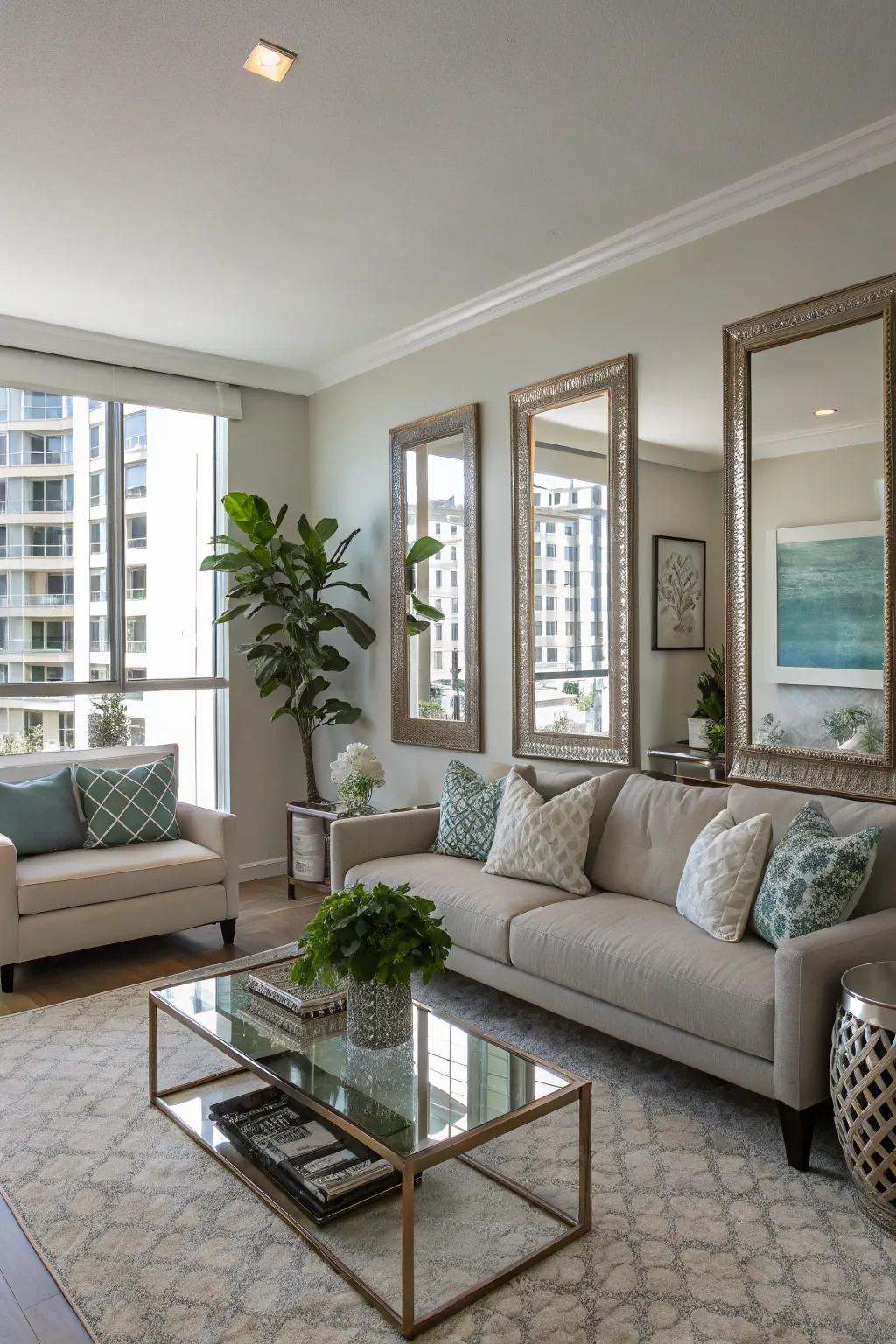 Mirrors make a condo living room look bigger.
