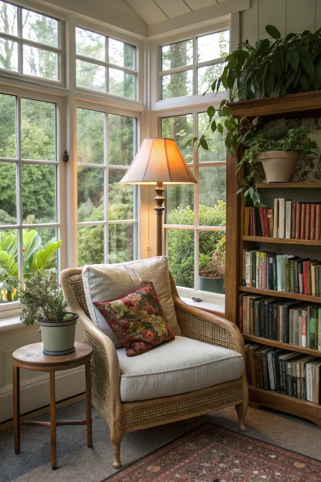 A cozy reading corner in a conservatory, perfect for book enthusiasts.