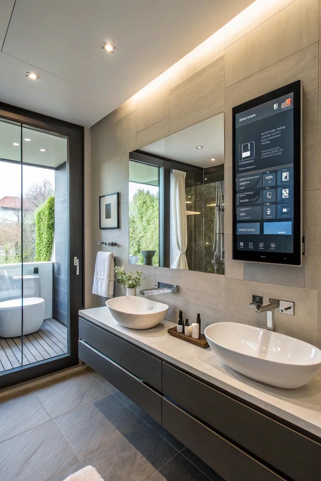Advanced bathroom with intelligent glass and warmed flooring.