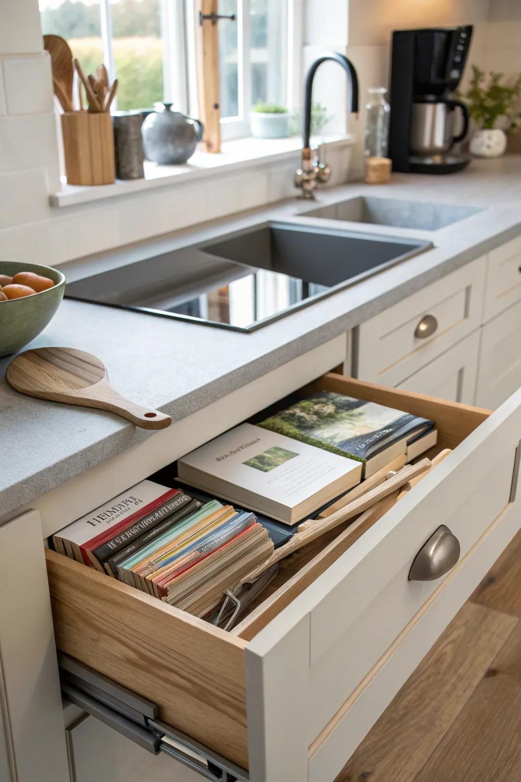 A hidden drawer provides secretive storage for cookbooks.