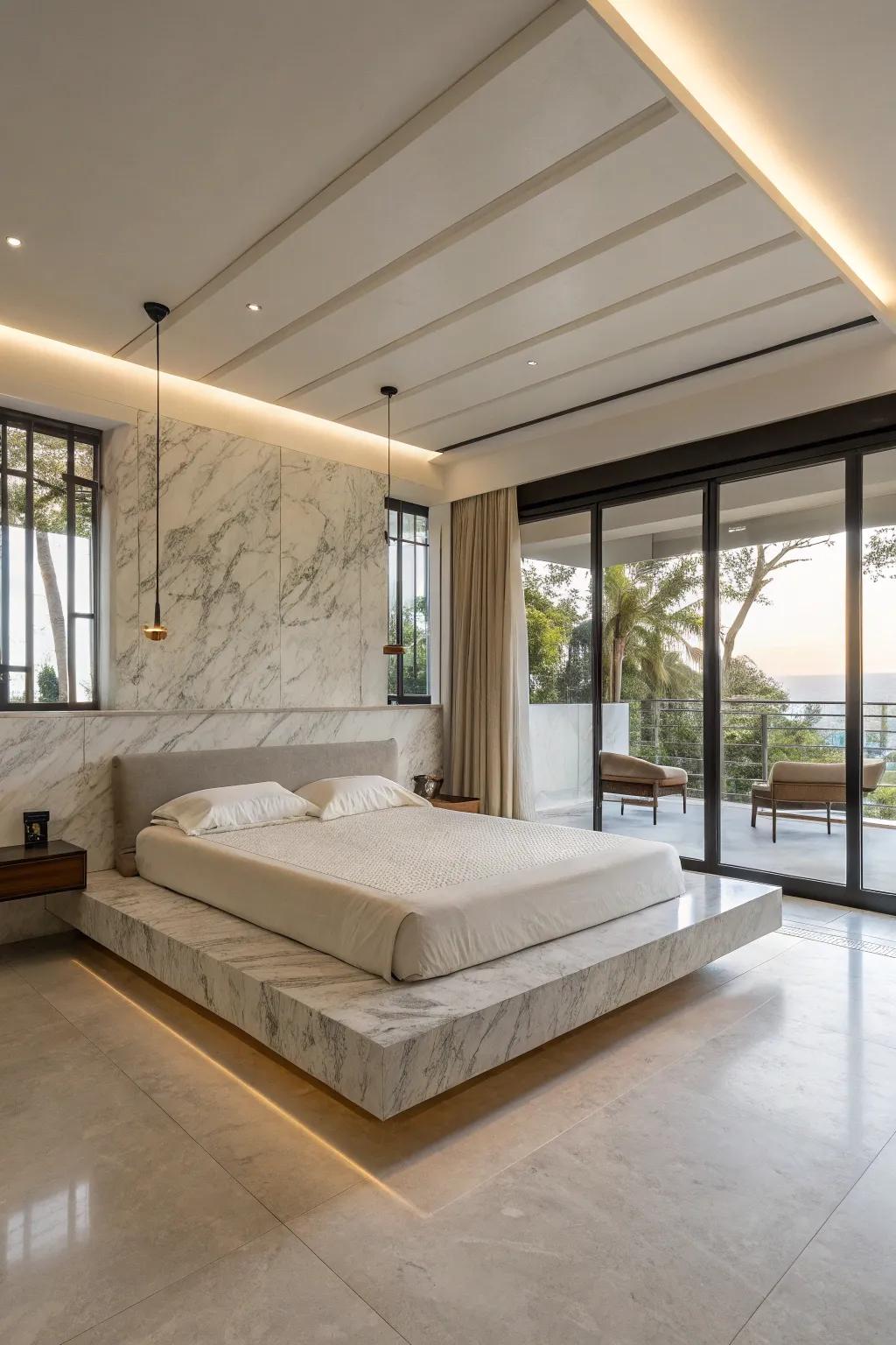 A floating marble bed crafts an illusion of elegance and modernity.