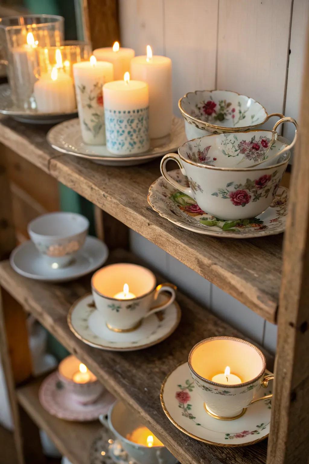 Vintage teacups make charming candle holders.