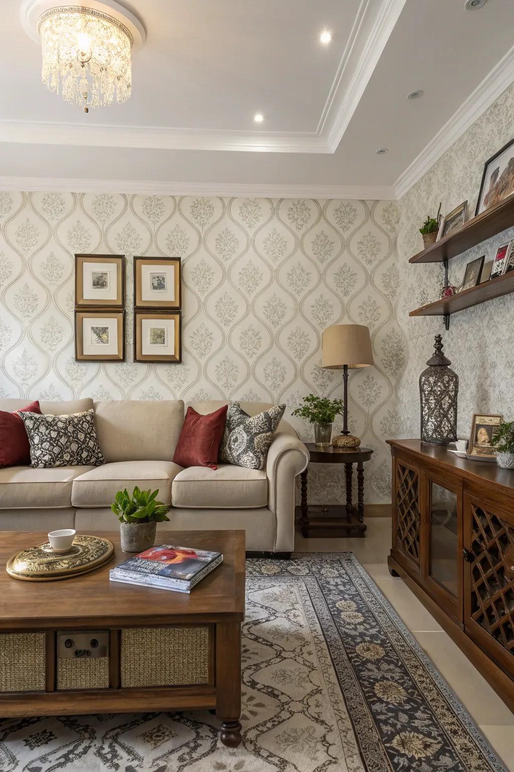 Partial wallcovering adds depth and intimacy to this spacious living room.