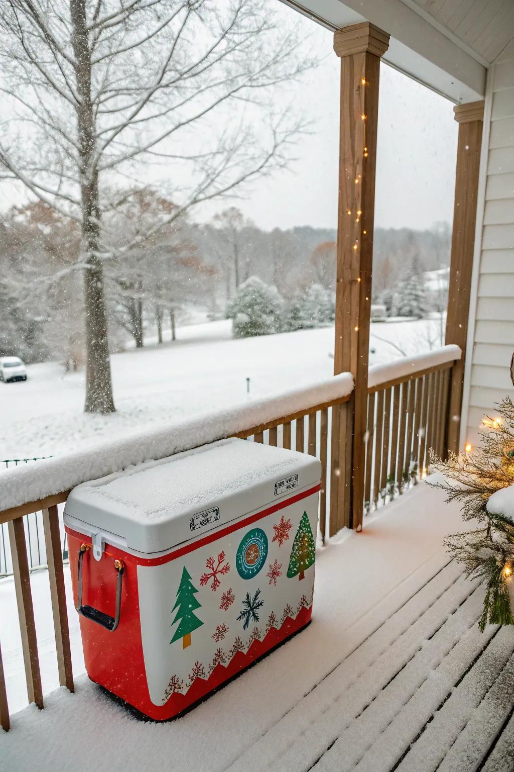 A cooler dressed for the holidays with festive decals.
