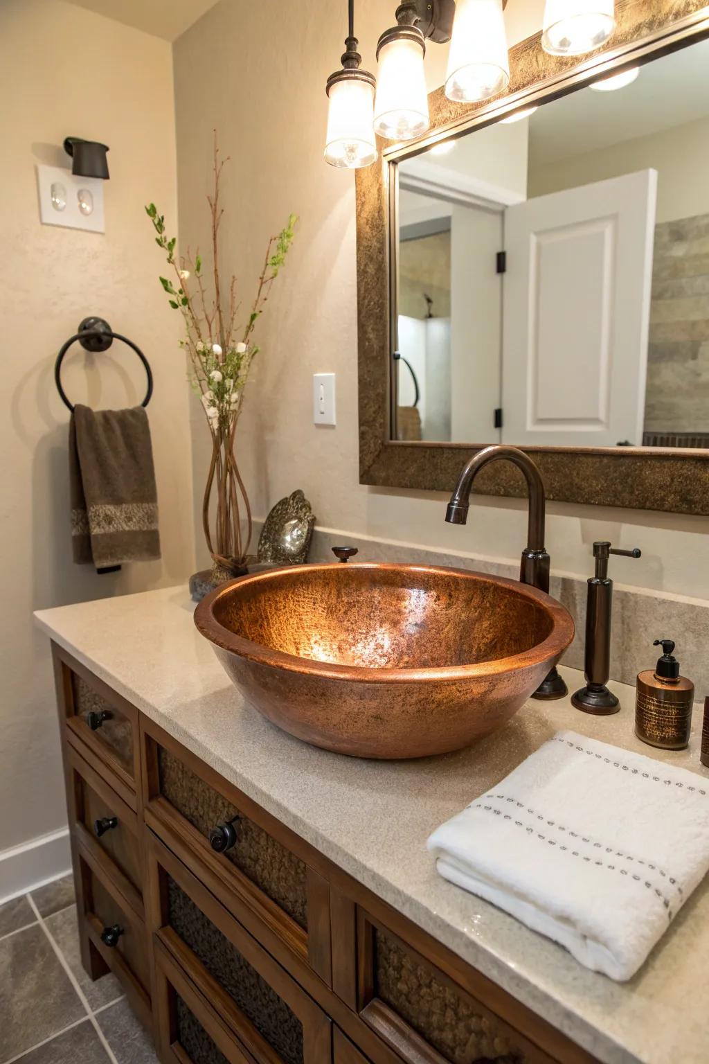 This uniquely shaped bronze basin serves as a captivating centerpiece in the bathroom.