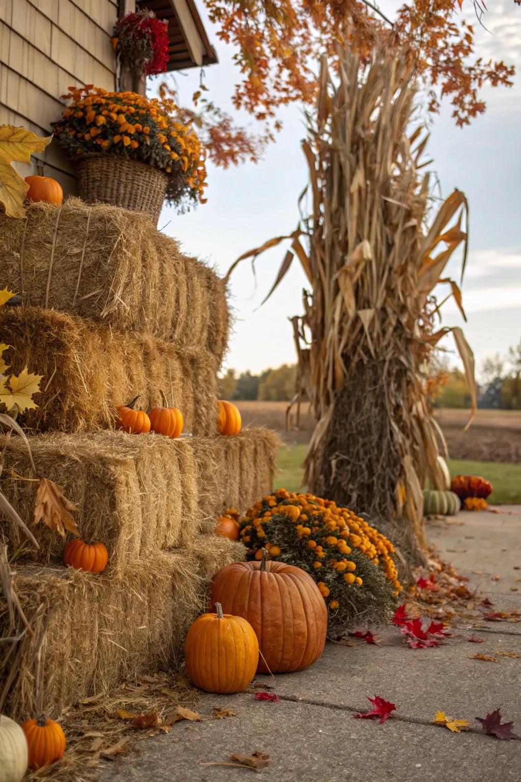 Create a country, layered result using straw blocks and dried corn stalks.