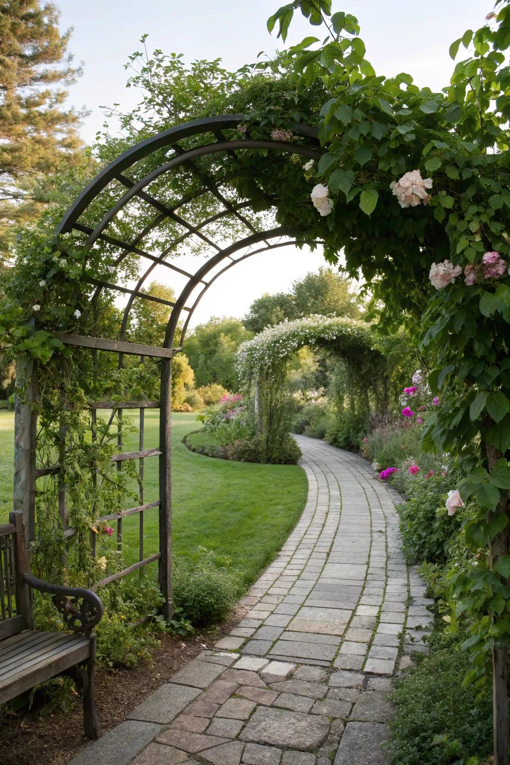 An inviting garden entryway featuring a trellis arch.