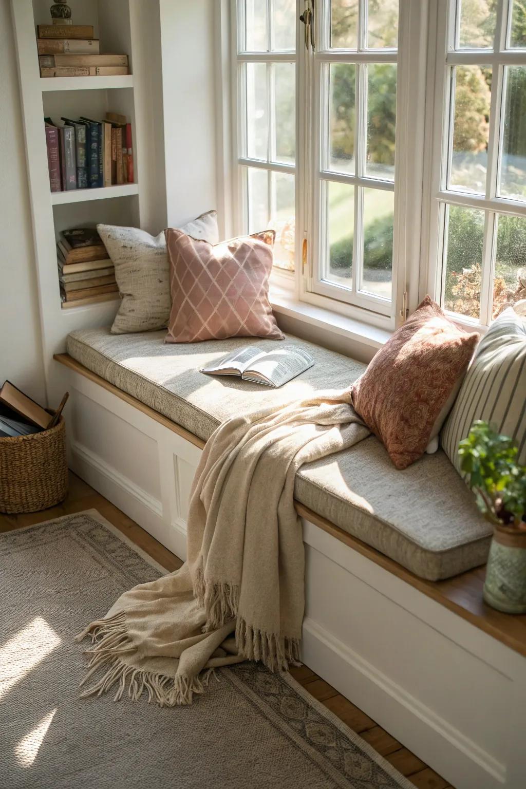 A window seat creates a cozy corner nook.