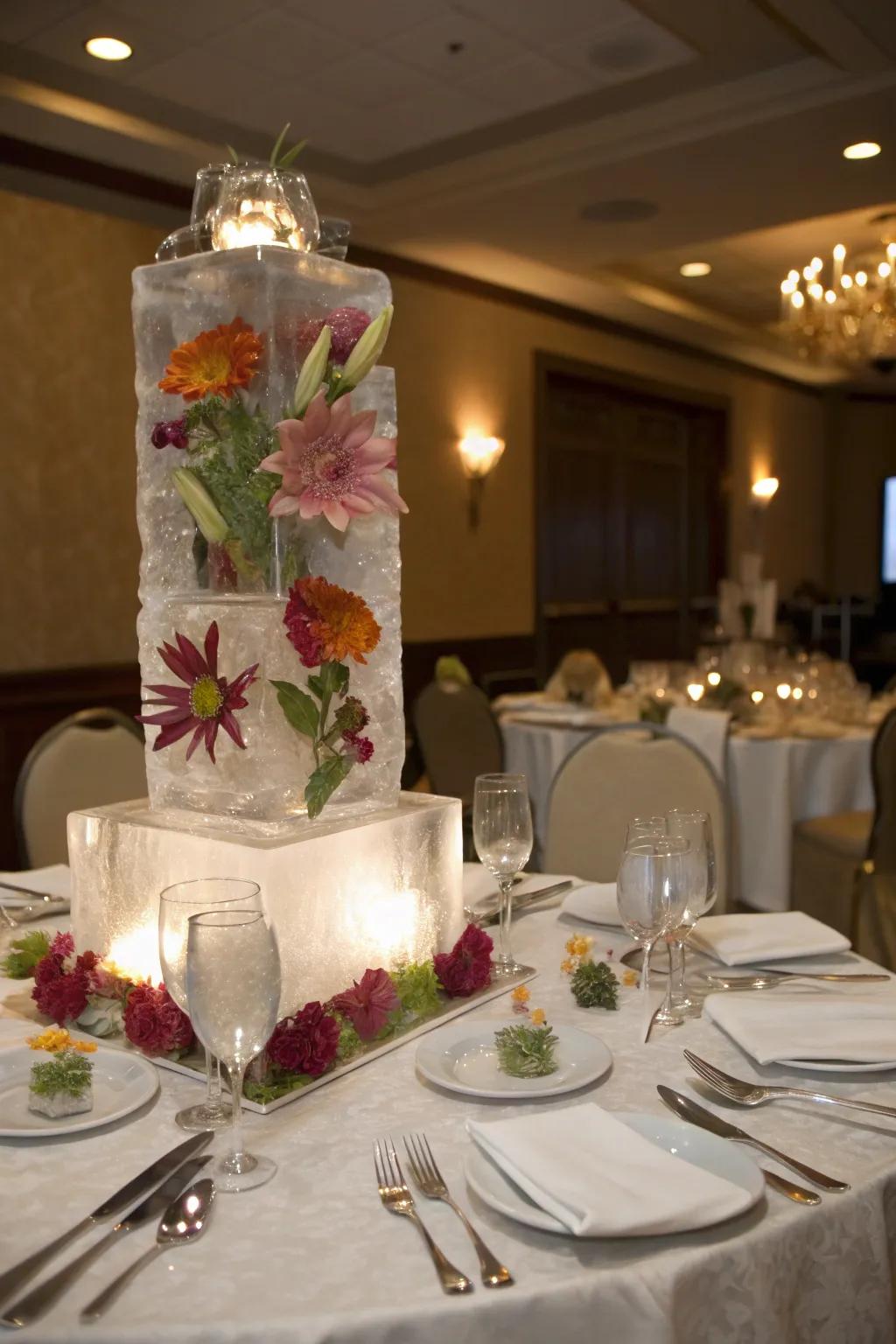 Dramatic ice artistry featuring floral designs as a centerpiece.