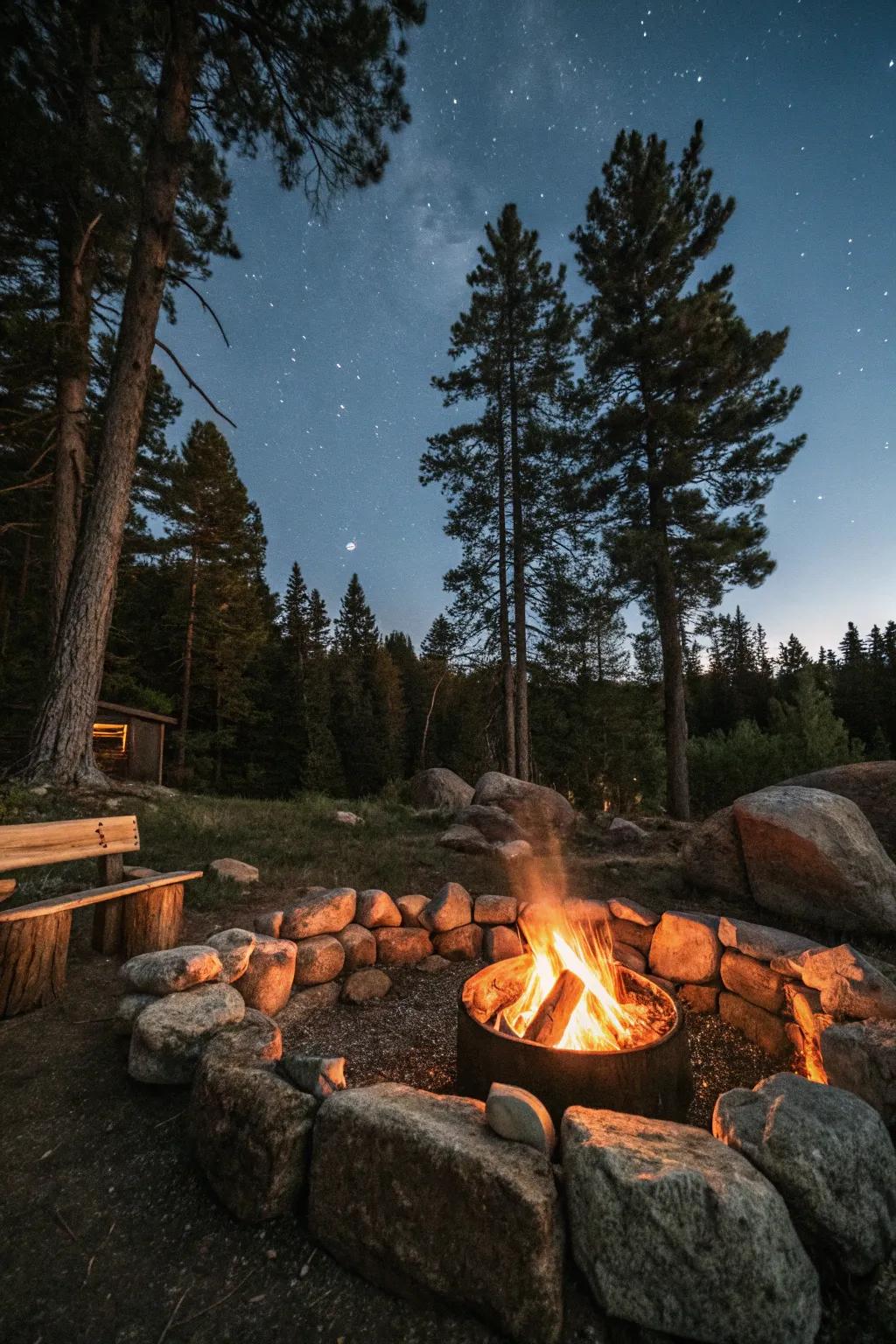 Organic rock and log seating provides a rustic and cozy gathering spot.